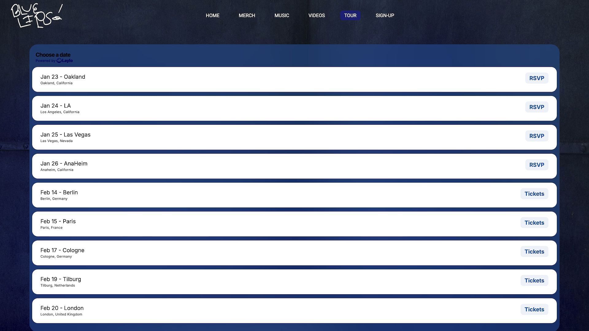 Screenshot of "Blue Lips! Got New Songs…" tour dates available on ScHoolboy Q's official website (Image via groovyq.com)